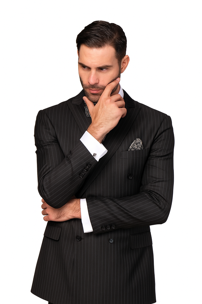 Statement Confidence Black Double Breasted Pinstripe Men's Wool Italian Design Suit