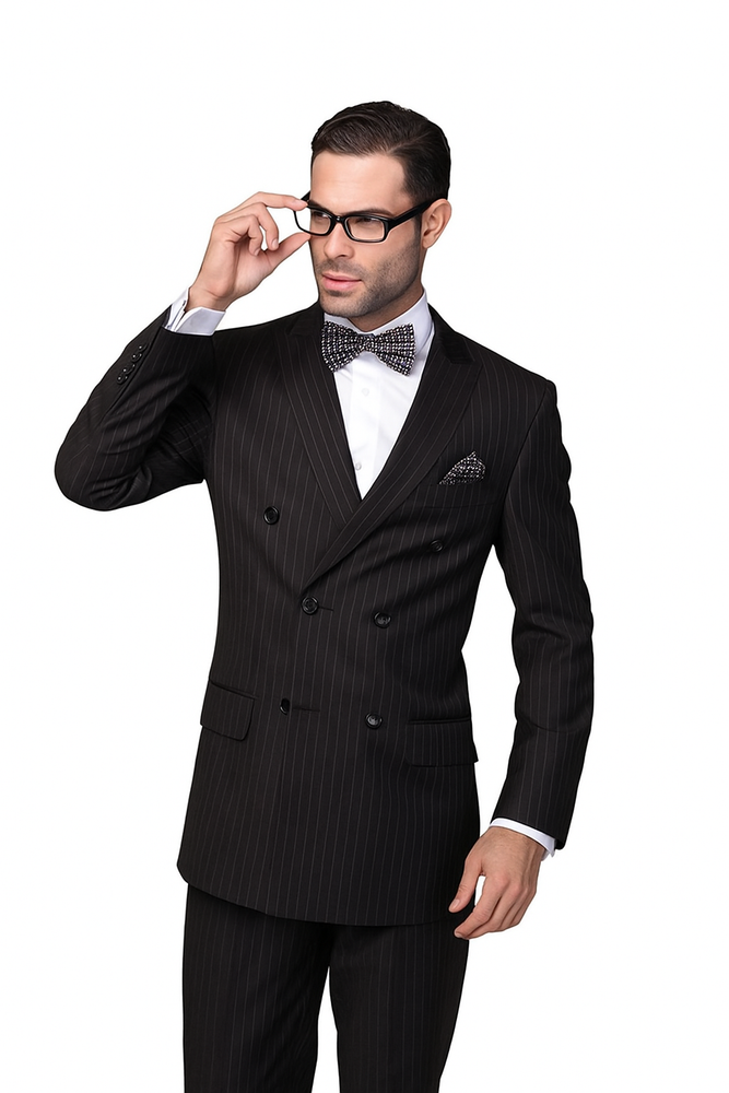 Statement Confidence Black Double Breasted Pinstripe Men's Wool Italian Design Suit