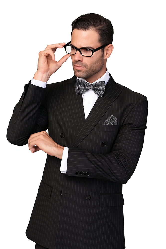 Statement Confidence Black Double Breasted Pinstripe Men's Wool Italian Design Suit