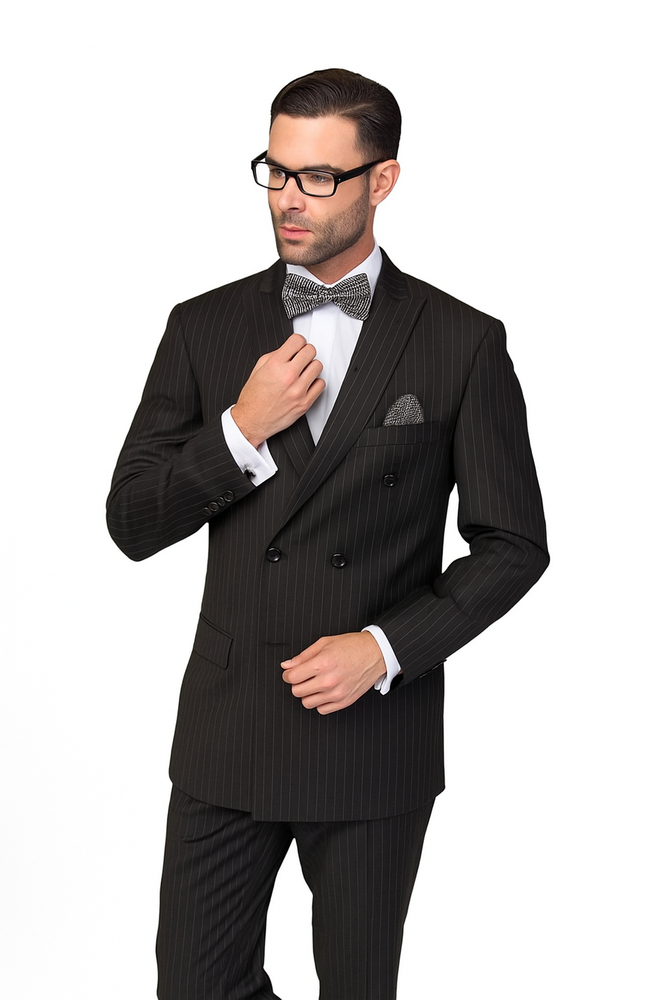 Statement Confidence Black Double Breasted Pinstripe Men's Wool Italian Design Suit
