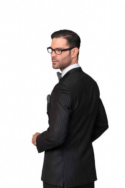 Statement Confidence Black Double Breasted Pinstripe Men's Wool Italian Design Suit