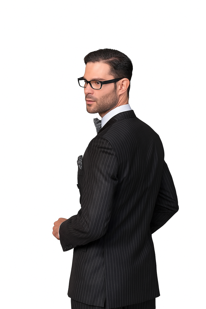 Statement Confidence Black Double Breasted Pinstripe Men's Wool Italian Design Suit