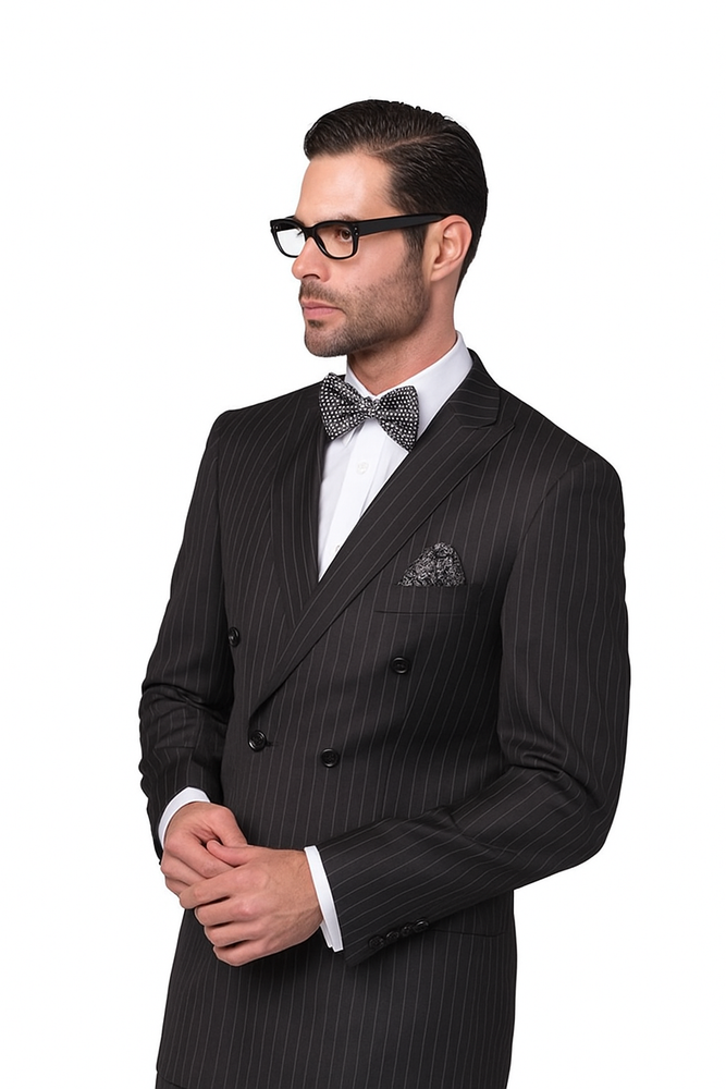 Statement Confidence Black Double Breasted Pinstripe Men's Wool Italian Design Suit