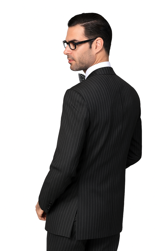 Statement Confidence Black Double Breasted Pinstripe Men's Wool Italian Design Suit