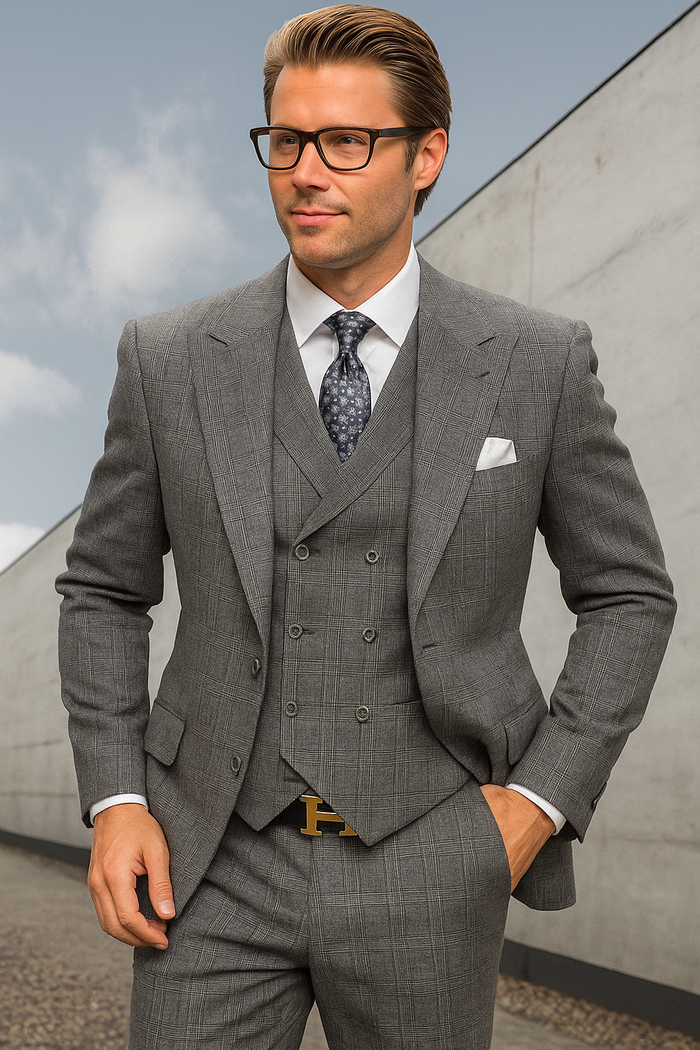 Men's Classic Fit Charcoal Gray Plaid Wool Suit with Pleated Pants