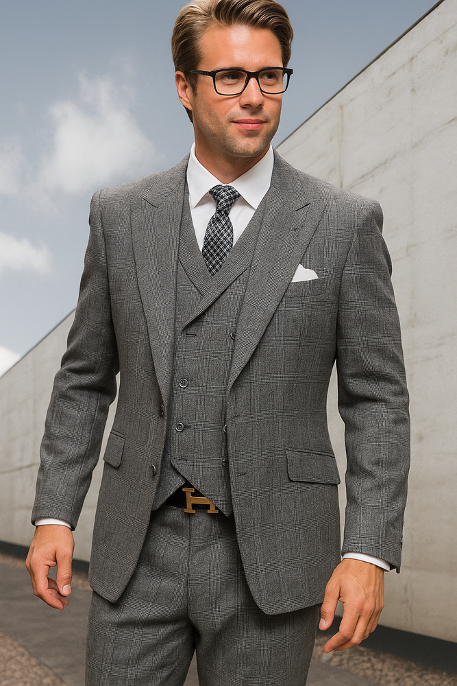 Black Plaid - Vested Suits - Statement Brand - Vested Suits Wool suits - Suits with Double Breasted Vest - Windowpane Pattern