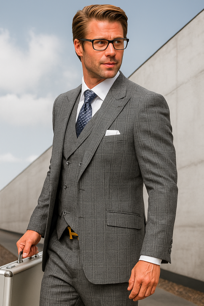Black Plaid - Vested Suits - Statement Brand - Vested Suits Wool suits - Suits with Double Breasted Vest - Windowpane Pattern