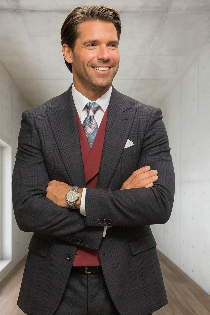 Black Plaid - Vested Suits - Statement Brand - Vested Suits Wool suits - Suits with Double Breasted Vest - Windowpane Pattern