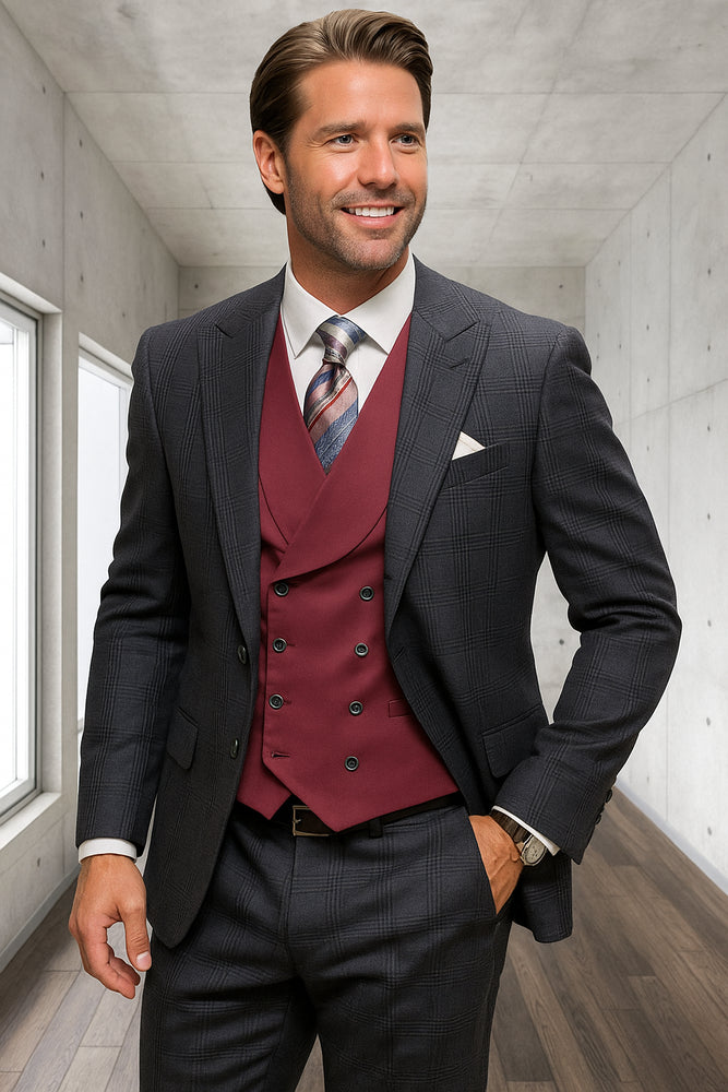 Black Plaid - Vested Suits - Statement Brand - Vested Suits Wool suits - Suits with Double Breasted Vest - Windowpane Pattern