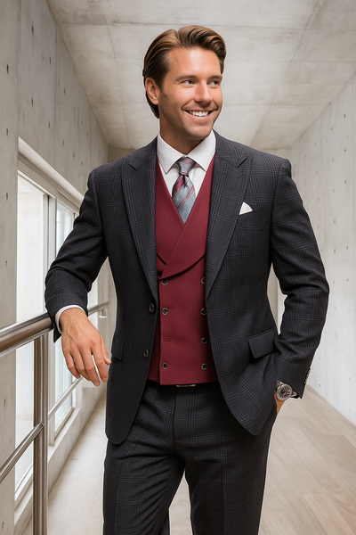 Black Plaid - Vested Suits - Statement Brand - Vested Suits Wool suits - Suits with Double Breasted Vest - Windowpane Pattern