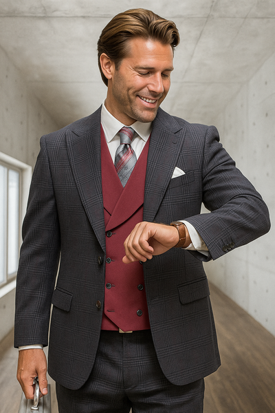 Black Plaid - Vested Suits - Statement Brand - Vested Suits Wool suits - Suits with Double Breasted Vest - Windowpane Pattern
