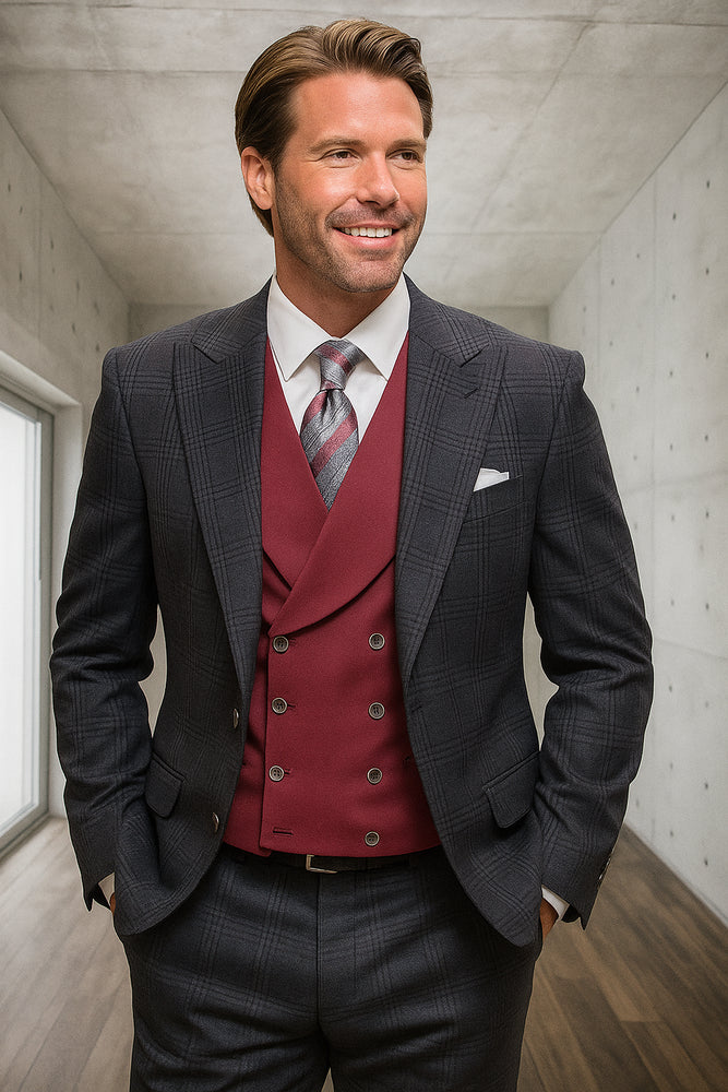 Black Plaid - Vested Suits - Statement Brand - Vested Suits Wool suits - Suits with Double Breasted Vest - Windowpane Pattern