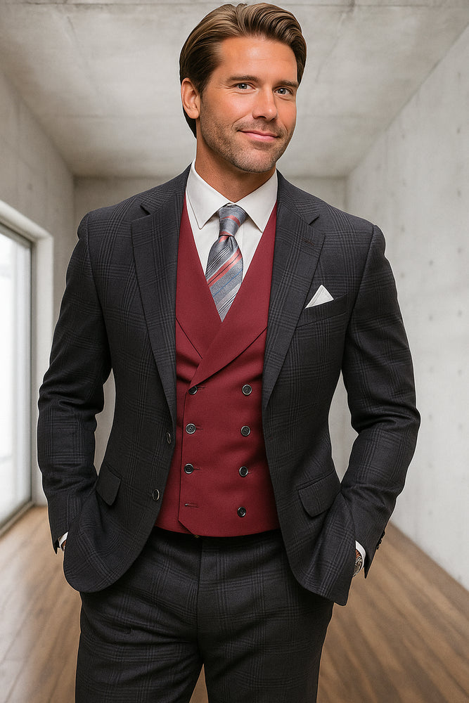 Black Plaid - Vested Suits - Statement Brand - Vested Suits Wool suits - Suits with Double Breasted Vest - Windowpane Pattern