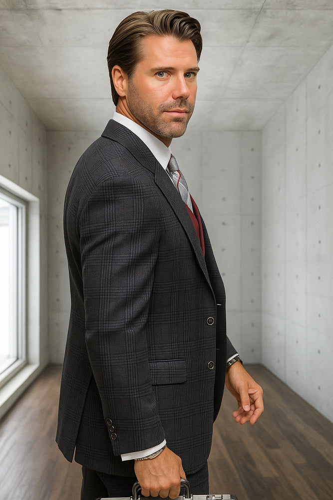 Black Plaid - Vested Suits - Statement Brand - Vested Suits Wool suits - Suits with Double Breasted Vest - Windowpane Pattern