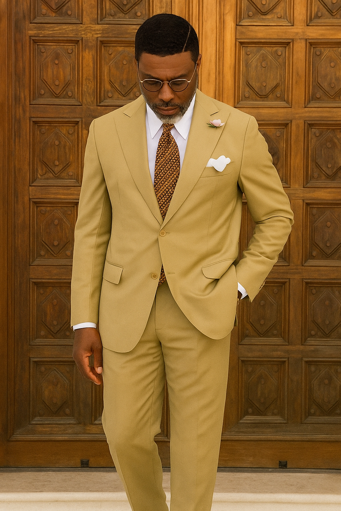 100% Wool Suit - Peak Lapel - Modern Fit Camel - Khaki - Bronze Color Suit