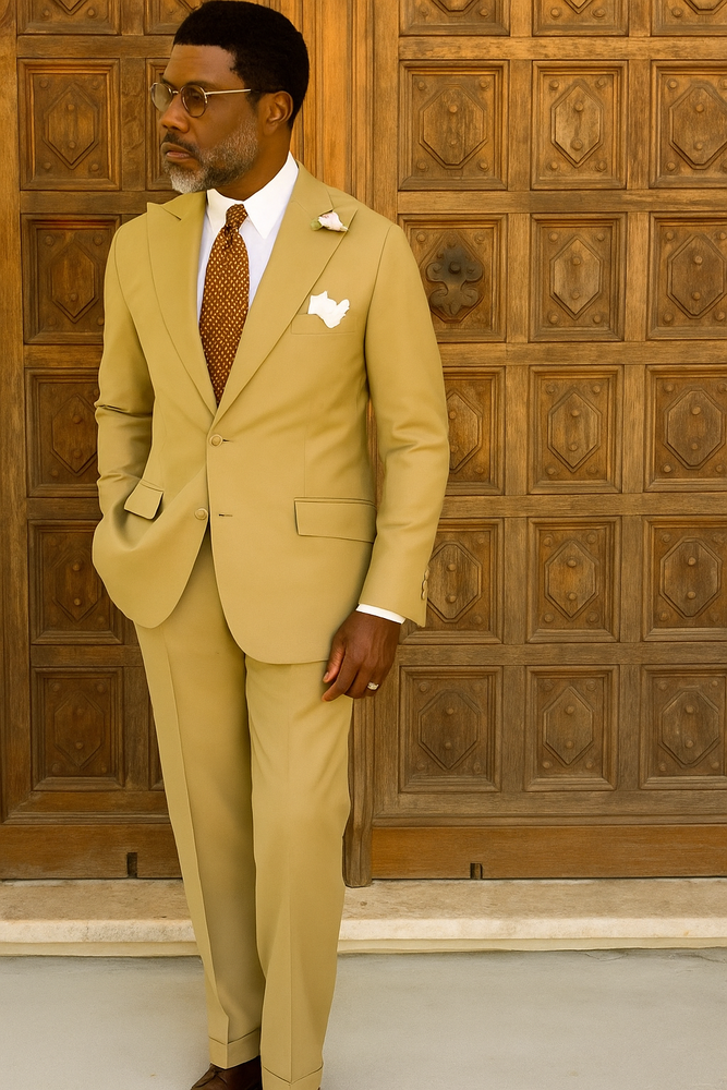 100% Wool Suit - Peak Lapel - Modern Fit Camel - Khaki - Bronze Color Suit