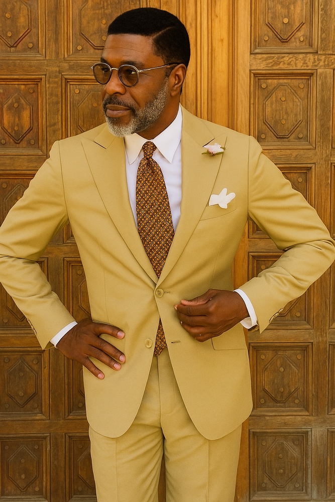 100% Wool Suit - Peak Lapel - Modern Fit Camel - Khaki - Bronze Color Suit