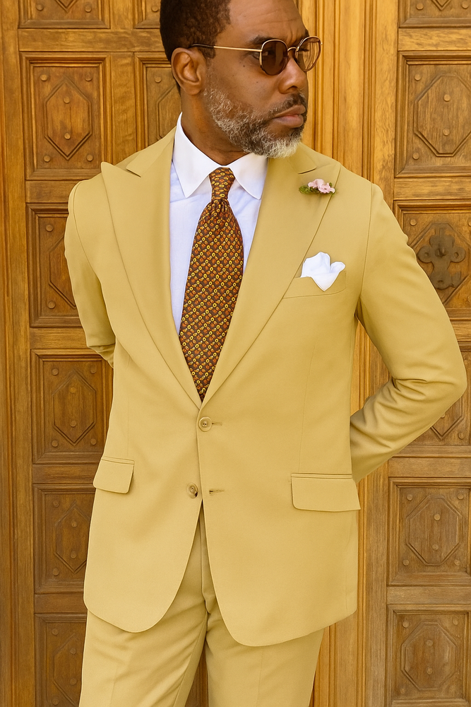 100% Wool Suit - Peak Lapel - Modern Fit Camel - Khaki - Bronze Color Suit