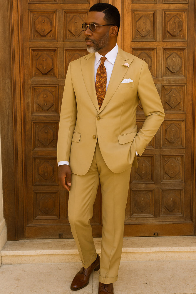 100% Wool Suit - Peak Lapel - Modern Fit Camel - Khaki - Bronze Color Suit