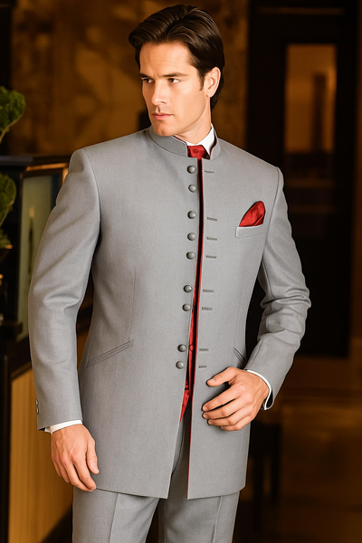 Men's Mandarin Light Grey Tuxedo Suit - Mens Grey And Black Tuxedo Wedding - Charcoal Grey Tuxedo