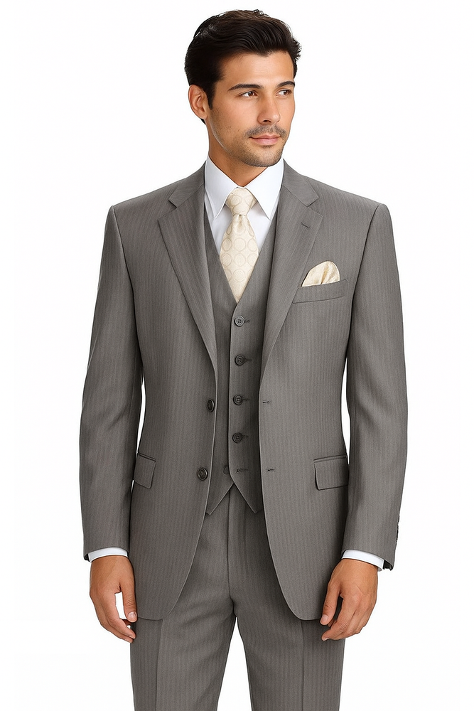 "Tan Pinstripe Wool-Feel Men's Suit with 2-Button Vest"