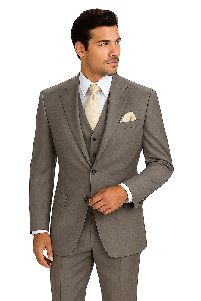 "Tan Pinstripe Wool-Feel Men's Suit with 2-Button Vest"