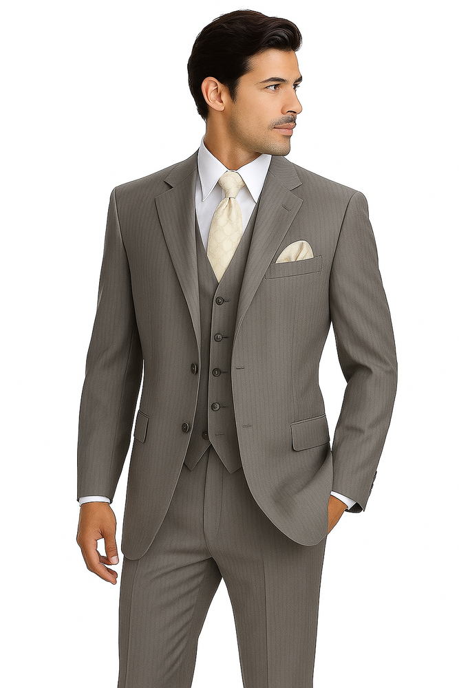 "Tan Pinstripe Wool-Feel Men's Suit with 2-Button Vest"