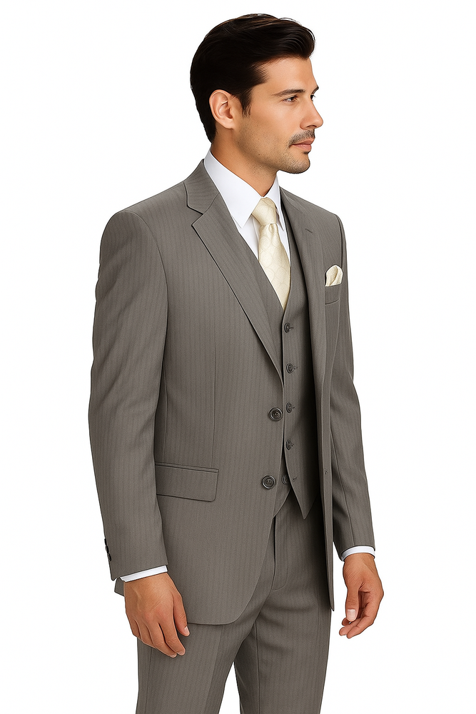 "Tan Pinstripe Wool-Feel Men's Suit with 2-Button Vest"