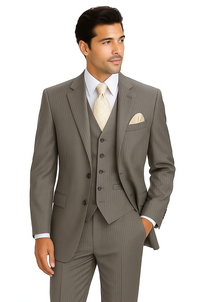 "Tan Pinstripe Wool-Feel Men's Suit with 2-Button Vest"