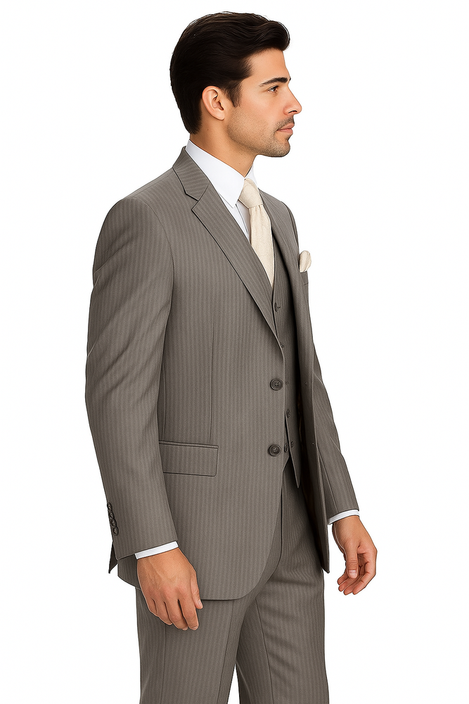 "Tan Pinstripe Wool-Feel Men's Suit with 2-Button Vest"