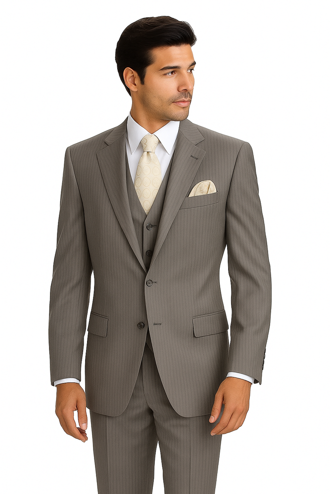 "Tan Pinstripe Wool-Feel Men's Suit with 2-Button Vest"