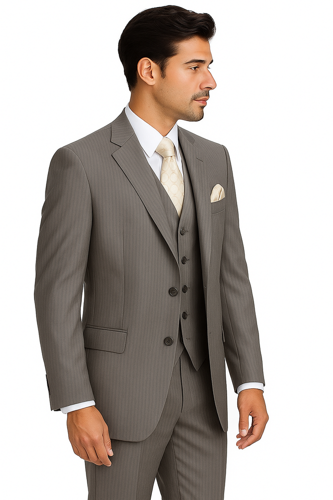"Tan Pinstripe Wool-Feel Men's Suit with 2-Button Vest"