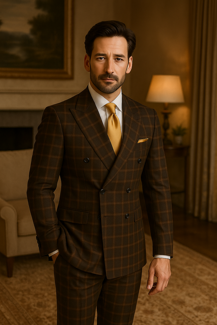 Rossiman Classic Wool Suit – Brown Windowpane Plaid Double-Breasted Formalwear