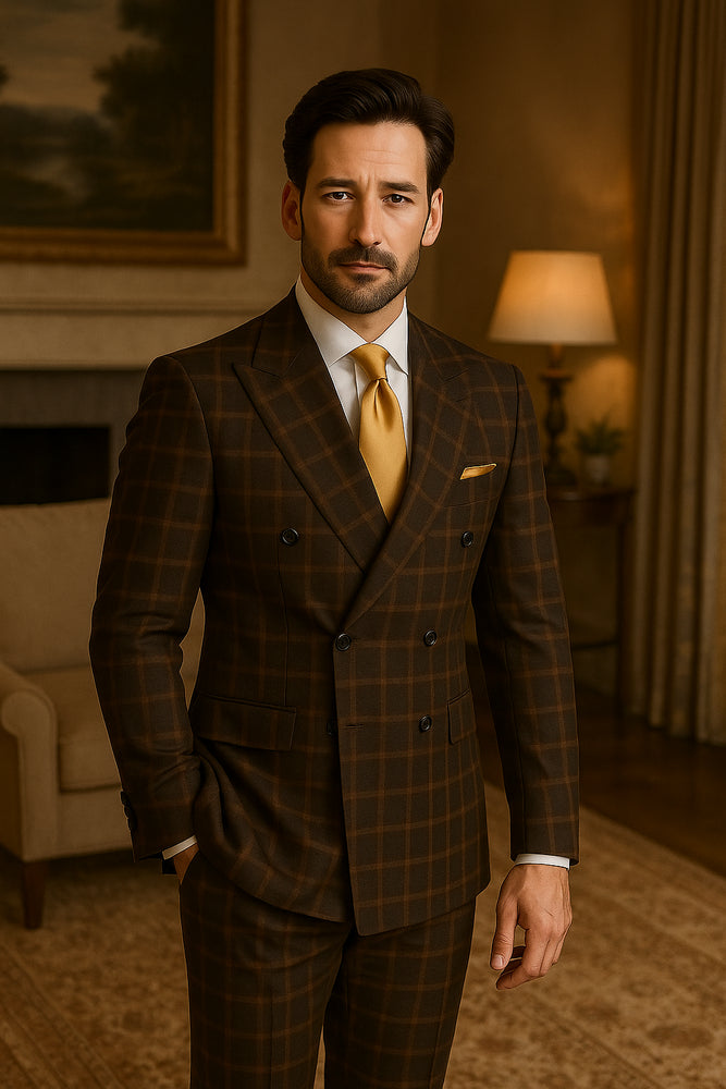 Rossiman Classic Wool Suit – Brown Windowpane Plaid Double-Breasted Formalwear