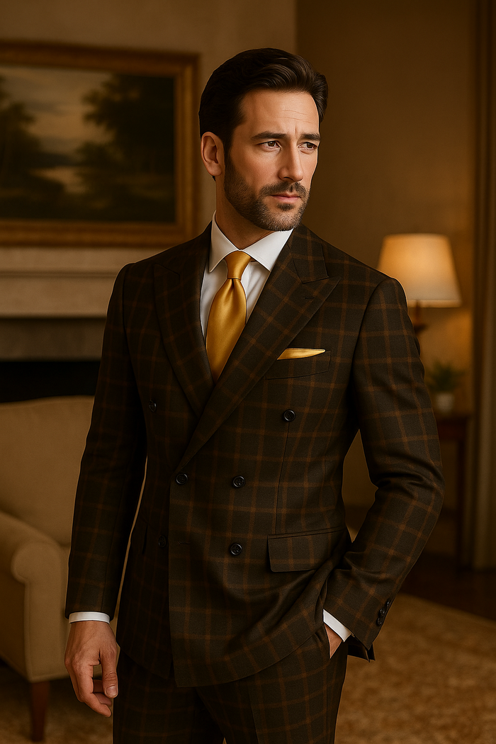 Rossiman Classic Wool Suit – Brown Windowpane Plaid Double-Breasted Formalwear