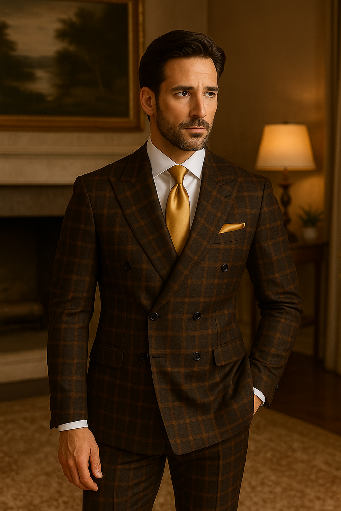 Rossiman Classic Wool Suit – Brown Windowpane Plaid Double-Breasted Formalwear