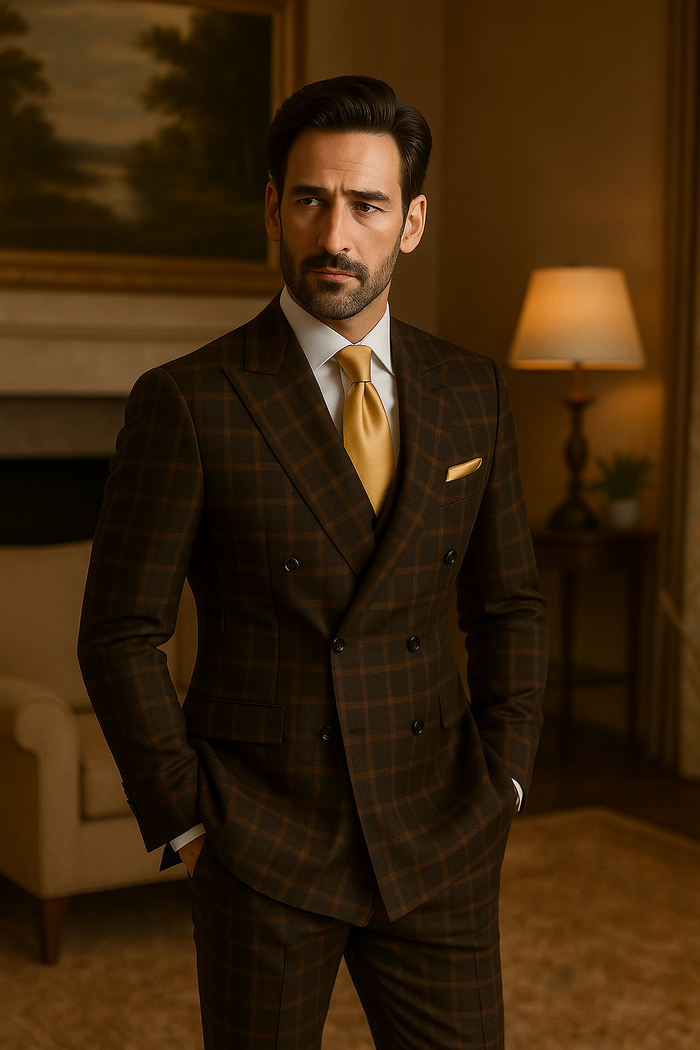 Rossiman Classic Wool Suit – Brown Windowpane Plaid Double-Breasted Formalwear