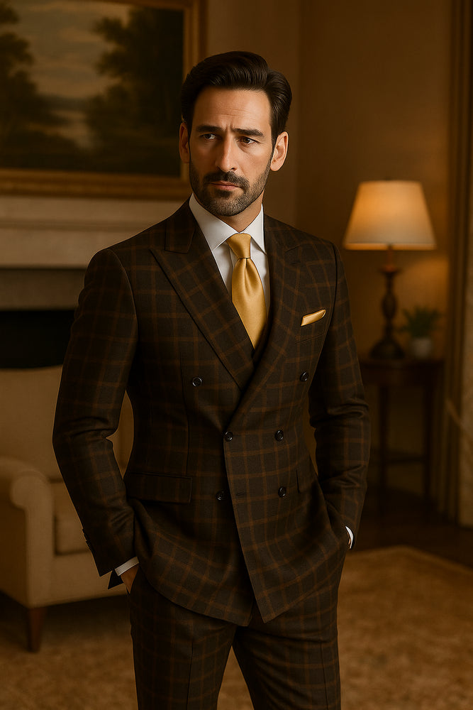 Rossiman Classic Wool Suit – Brown Windowpane Plaid Double-Breasted Formalwear