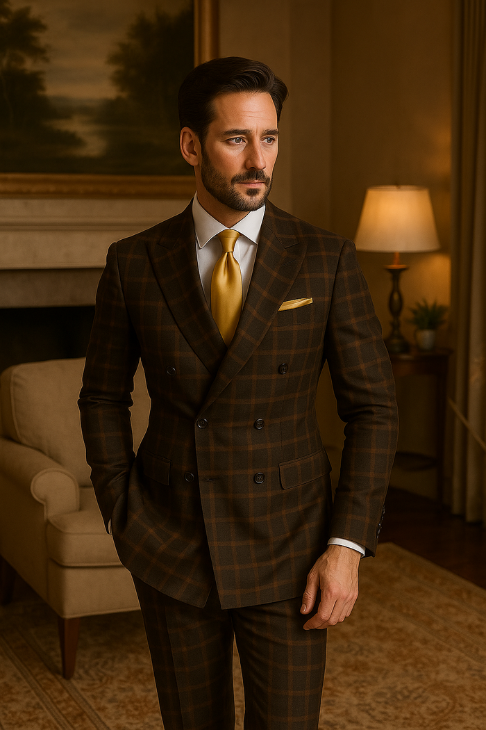 Rossiman Classic Wool Suit – Brown Windowpane Plaid Double-Breasted Formalwear