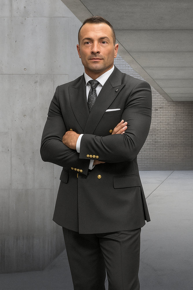 Mens 100% Wool 2 Piece Suit - Wide Peak Lapel Heather Charcoal