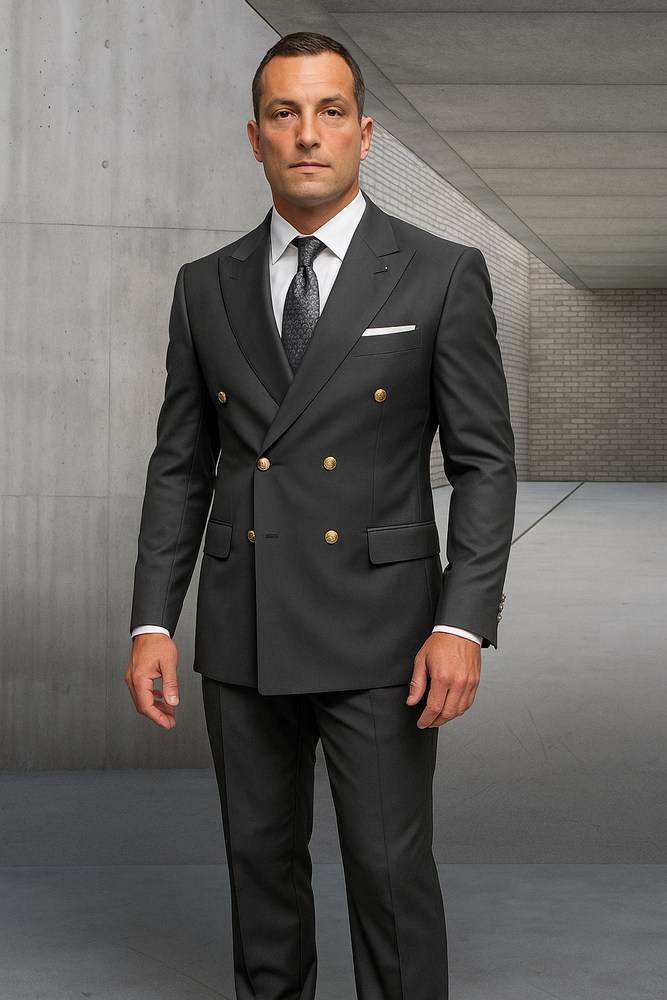 Mens 100% Wool 2 Piece Suit - Wide Peak Lapel Heather Charcoal