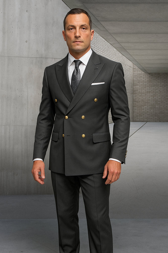 Mens 100% Wool 2 Piece Suit - Wide Peak Lapel Heather Charcoal