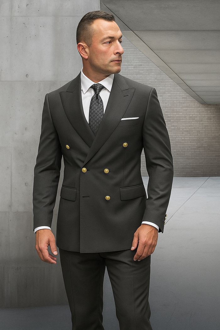 Mens 100% Wool 2 Piece Suit - Wide Peak Lapel Heather Charcoal