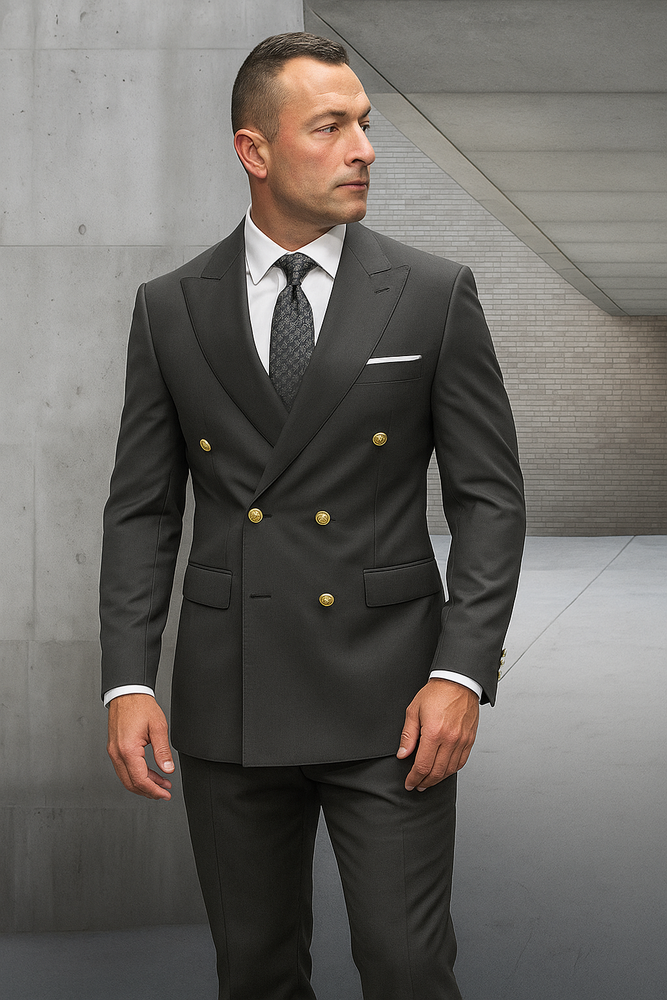 Mens 100% Wool 2 Piece Suit - Wide Peak Lapel Heather Charcoal