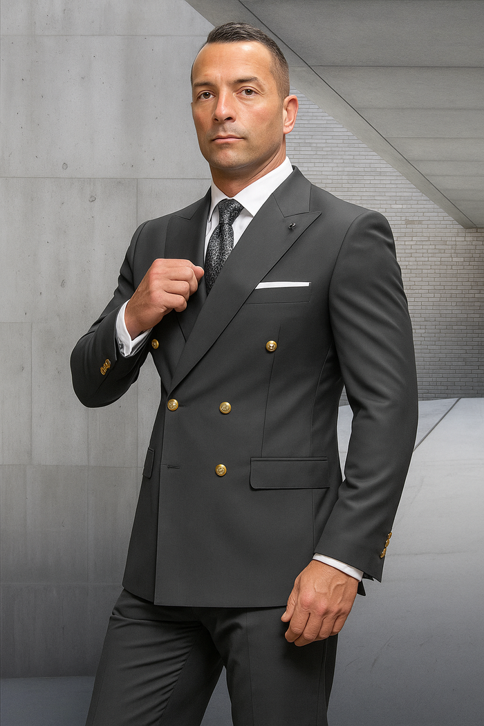 Mens 100% Wool 2 Piece Suit - Wide Peak Lapel Heather Charcoal