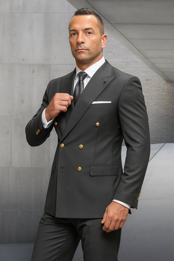 Mens 100% Wool 2 Piece Suit - Wide Peak Lapel Heather Charcoal