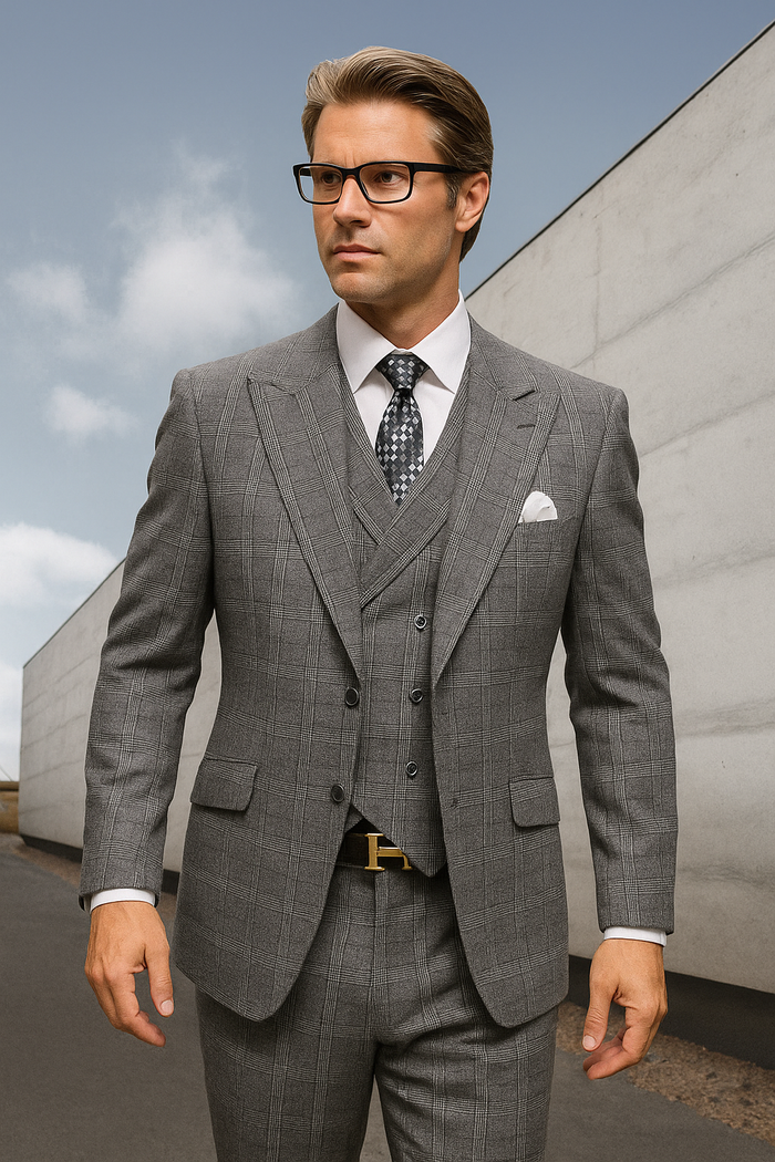 Men's Classic Fit Charcoal Gray Plaid Wool Suit with Pleated Pants