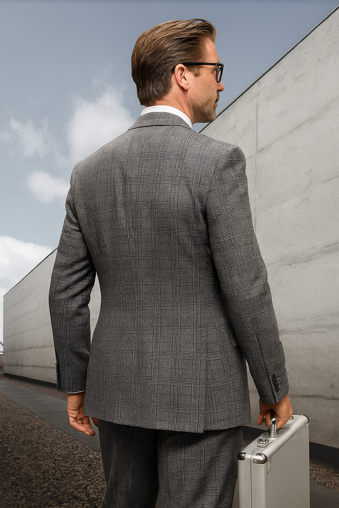 Men's Classic Fit Charcoal Gray Plaid Wool Suit with Pleated Pants