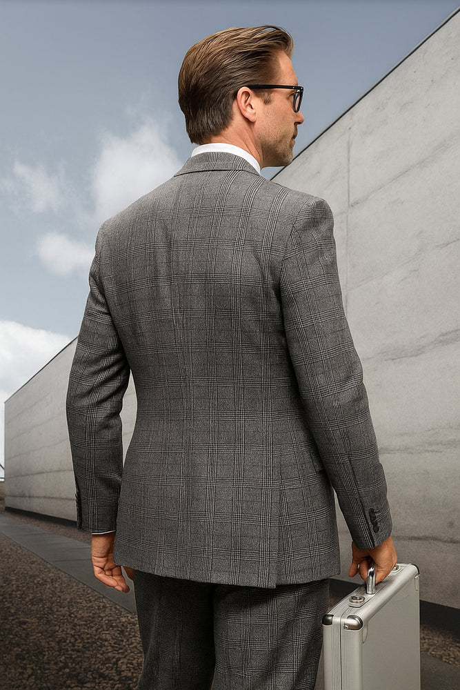 Men's Classic Fit Charcoal Gray Plaid Wool Suit with Pleated Pants