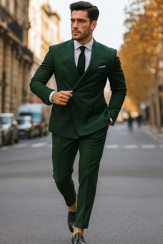 Slim Fit Double Breasted Suit Gold Buttons - Olive Suit - Designer Wool Suits